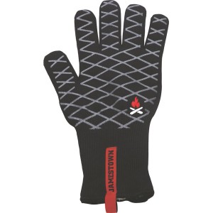 Czarna rękawica do grillowania Jamestown z wzorem w romby i długą ochroną przedramienia.