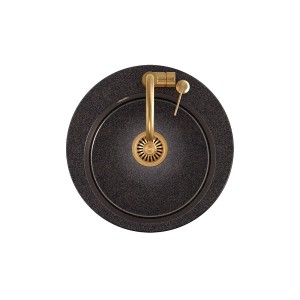 Okrągły, czarny zlewozmywak granitowy t.b.t. ze złotą baterią i sitkiem.