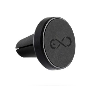 Czarny uchwyt na telefon t.b.t. do kratki wentylacyjnej w samochodzie.