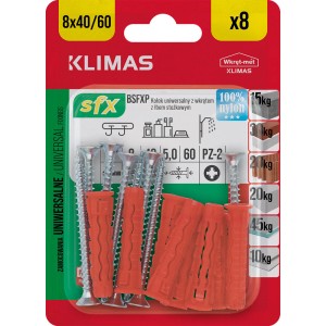 Klimas SFX uniwersalne kołki ze śrubami, 8 sztuk, do mocowania w różnych materiałach.