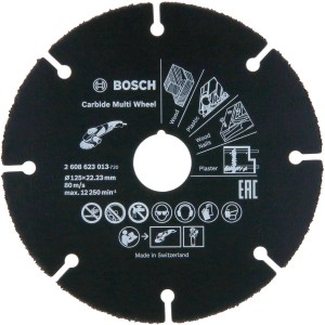 Tarcza tnąca Bosch Carbide Multiwheel 125 mm do szlifierek kątowych, do cięcia drewna, plastiku, gwoździ i gipsu.