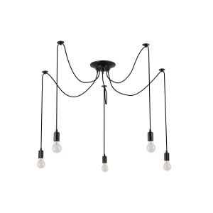 Czarna lampa wisząca t.b.t. z pięcioma żarówkami do użytku wewnętrznego.