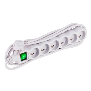 Biała listwa zasilająca t.b.t. z sześcioma gniazdami i zielonym włącznikiem.