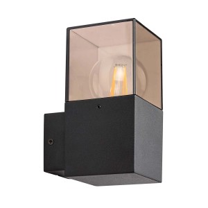 Nowoczesny, czarny kinkiet zewnętrzny t.b.t. z przezroczystym kloszem.