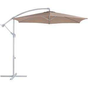 Beżowy parasol na wysięgniku t.b.t. ze szarą ramą i podstawą krzyżową.
