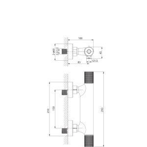 Rysunek techniczny baterii termostatycznej t.b.t. z wymiarami.