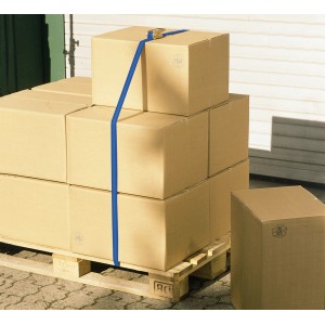 Niebieski pas mocujący z grzechotką zabezpiecza kartony na palecie do transportu.