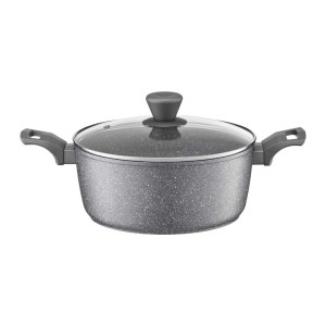 Szary garnek z szklaną pokrywką i uchwytami, odpowiedni do gotowania.