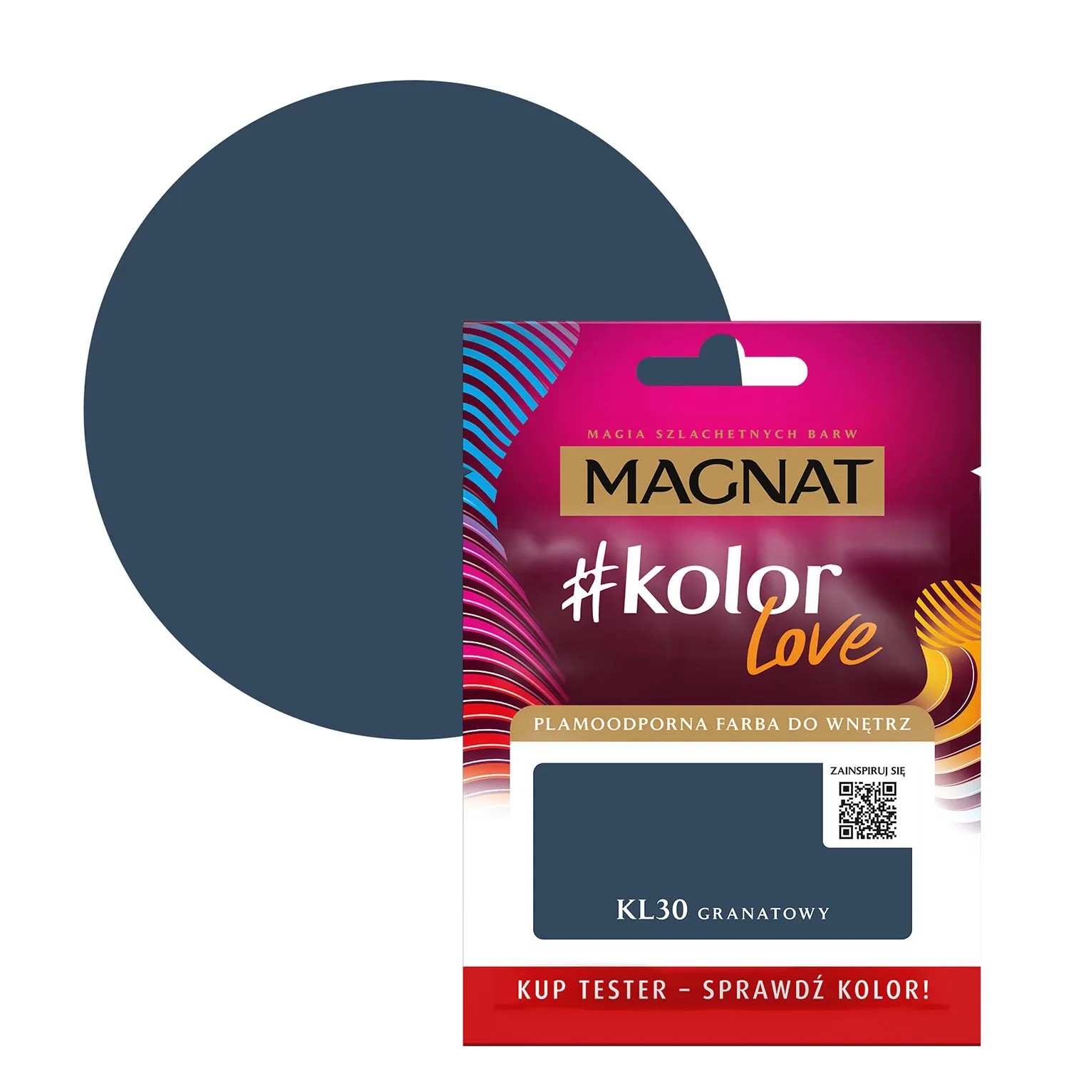Próbka koloru i karta kolorów farby do ścian MAGNAT #kolor Love KL30 Granatowy.