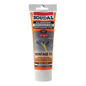 Tuba kleju montażowego Soudal, odpowiednia do styropianu, gipsu i drewna.