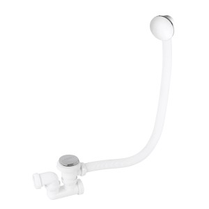 Biały syfon do odpływu wanny z chromowanymi detalami.