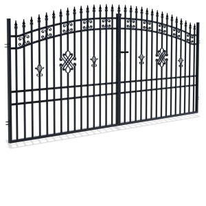 Czarna metalowa brama ogrodzeniowa z elementami dekoracyjnymi.
