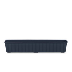 Ciemnoszara, podłużna skrzynka na kwiaty t.b.t. do ogrodu lub na balkon.