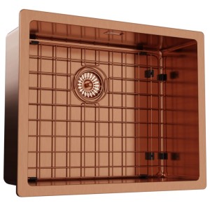 Miedziany zlew ze stali nierdzewnej z sitkiem i ociekaczem.