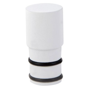 Biała końcówka karnisza z czarnymi pierścieniami uszczelniającymi.