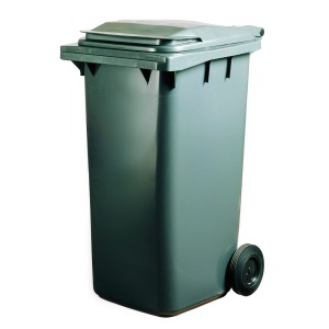 Szary pojemnik na odpady z pokrywą i kołami.