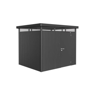 Metalowy domek narzędziowy Biohort HighLine w kolorze ciemnoszary metalik z pojedynczymi drzwiami.