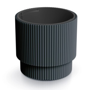 Szara doniczka t.b.t. z żebrowaną powierzchnią do użytku wewnątrz i na zewnątrz.