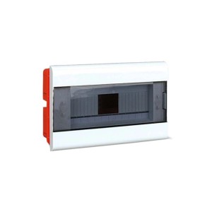 Biała rozdzielnica podtynkowa z przezroczystymi drzwiami do instalacji elektrycznych.