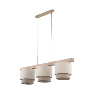 Nowoczesna lampa wisząca t.b.t. z trzema abażurami z tkaniny i drewnianymi detalami.