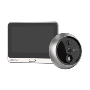 Bezprzewodowy wideodomofon Ezviz DP2C z monitorem i kamerą w kolorze srebrno-czarnym.
