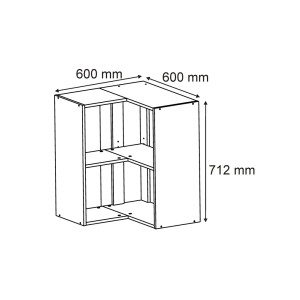 Rysunek techniczny narożnej szafki wiszącej (t.b.t.) z wymiarami (600x600x712 mm).