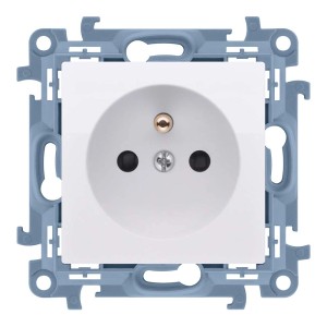 Białe gniazdko t.b.t. z niebieską ramką do użytku wewnętrznego.