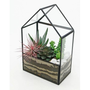 Szklane terrarium w kształcie domu z sukulentami i piaskiem, kategoria: Las w szkle.