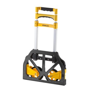 Żółty wózek narzędziowy Stanley, złożony do transportu lub przechowywania.