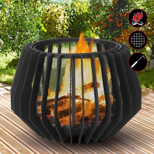 Czarne palenisko Landmann z osłoną przeciwiskrową i pogrzebaczem, 60x60x40 cm.