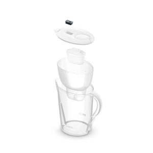 Widok rozstrzelony dzbanka z filtrem do wody. Widoczne poszczególne części, takie jak filtr, pokrywka i dzbanek.