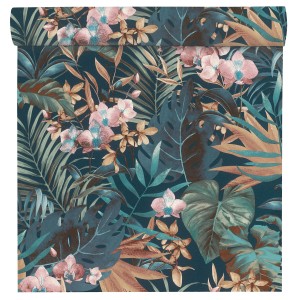 Tapeta flizelinowa Rasch Salsa 833133 z motywem liści w kolorze nocnego błękitu, widok szczegółowy.