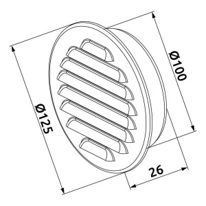 Rysunek techniczny: Okrągła kratka wentylacyjna z wymiarami (Ø100, Ø125, 26).