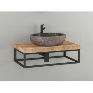 Szafka umywalkowa z kamienną umywalką na drewnianym blacie z czarną metalową ramą.
