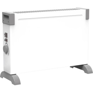 Biały grzejnik elektryczny z szarymi detalami. Urządzenie grzewcze do użytku wewnętrznego.