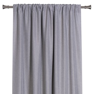 Szara zasłona z taśmą marszczącą, pasująca do karniszy.