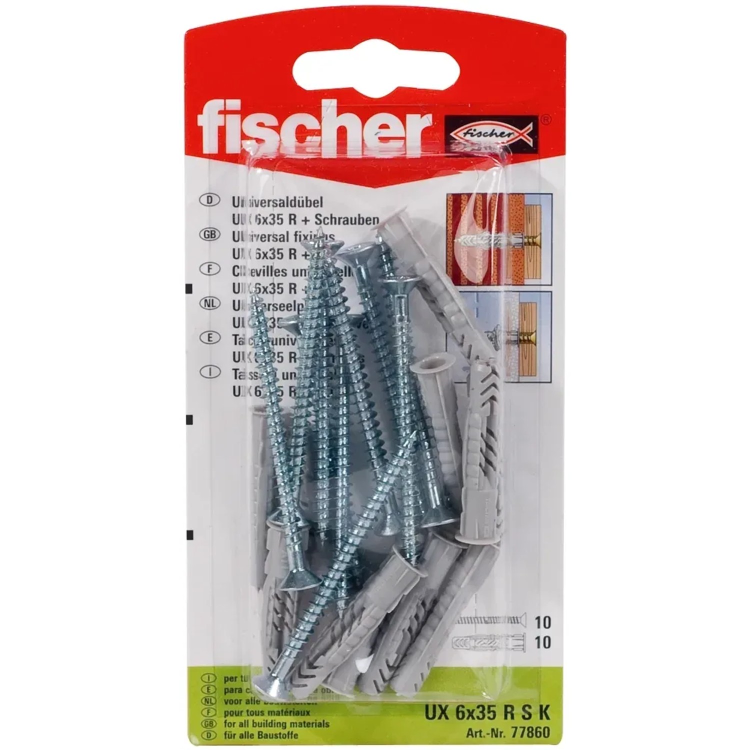 Fischer Uniwersalny kołek UX 6x35 RSK ze śrubami, 10 sztuk, do różnych materiałów budowlanych.
