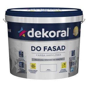 Wiadro z farbą fasadową Dekoral, biała akrylowa farba do elewacji, 10 litrów.
