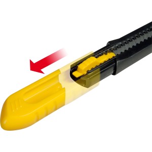 Nóż Stanley SM 9 mm z żółtym suwakiem i czarną obudową.