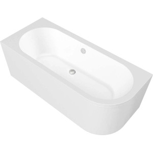 Biała wanna narożna, nowoczesny kształt, odpływ centralny.