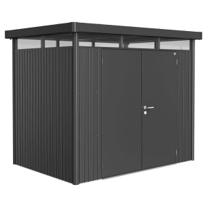 Metalowy domek narzędziowy Biohort HighLine, ciemnoszary, z podwójnymi drzwiami i płaskim dachem.