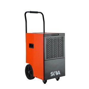 Pomarańczowy osuszacz powietrza z kółkami i uchwytem dla łatwego transportu.