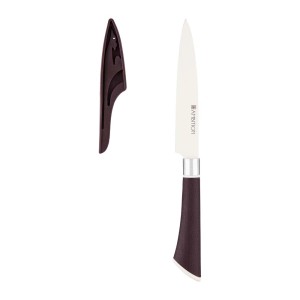 Nóż kuchenny t.b.t. z brązową rękojeścią i osłoną ostrza.