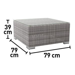 Szary stolik ogrodowy t.b.t. ze szklanym blatem, 79x79x39cm.