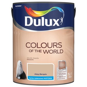 Farba Dulux "Stepy Bengalu": Matowa farba do ścian w wiadrze, odcień beżowy.