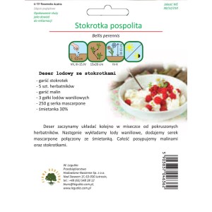Opakowanie nasion Stokrotka pospolita (stokrotka) z propozycją przepisu.