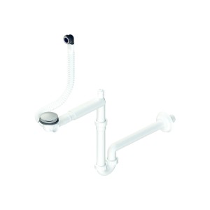 Biały syfon umywalkowy z armaturą odpływową i wężem przelewowym.