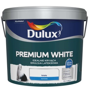Wiadro białej farby do ścian Dulux Premium White, odpowiednia do wnętrz.