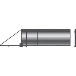 Przesuwna brama ogrodzenia metalowego, widok z boku z napędem i słupkiem.