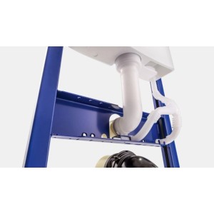 Zestaw WC t.b.t. z niebieską ramą i białymi rurami.